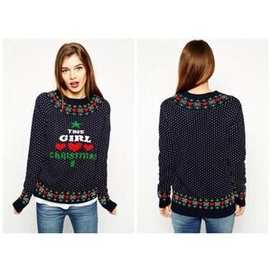 ASOS This Girl Loves Christmas Sweater Navy Blue White Red dot heart